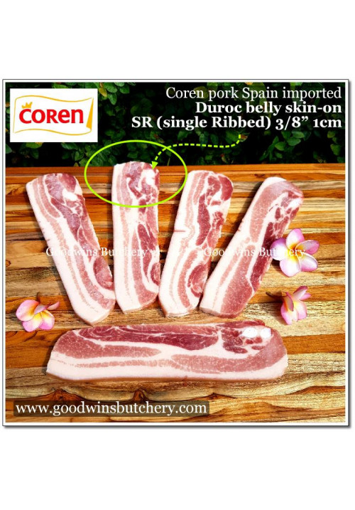Pork belly samcan SKIN ON Coren DUROC SELECTA Spain fed with chestnut SR (soft Single Rib) frozen STEAK SCHNITZEL 3/8" 1cm (price/pack 600g 4-5pcs)